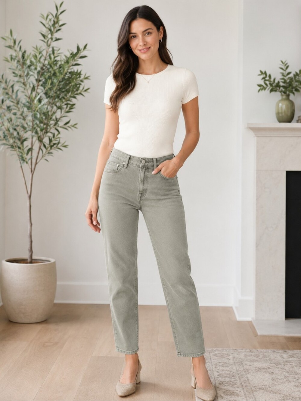 Mid-Rise Straight Crop Jeans in Sage Green